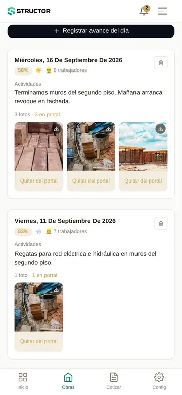 Bitácora de avance en Structor: registro del 16 de septiembre, 58% de avance, 8 trabajadores, con tres fotos de la obra.